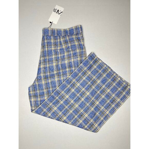 Zara Wide Leg Plaid Trouser Womens size XL New Blue Cream Black - Picture 4 of 8